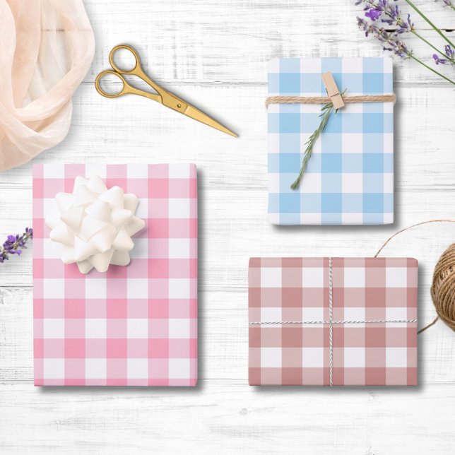 Hoja De Papel De Regalo Gingham Checkered Patten Pink, Light Blue, Mauve (In situ)