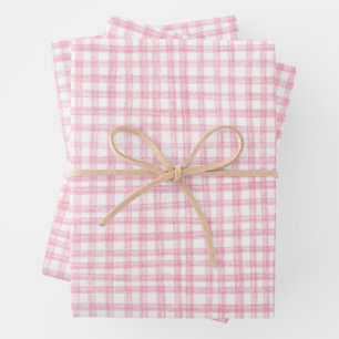 Hoja De Papel De Regalo Gingham Dibujado a Mano Moderno Bonito Rosa Blanco