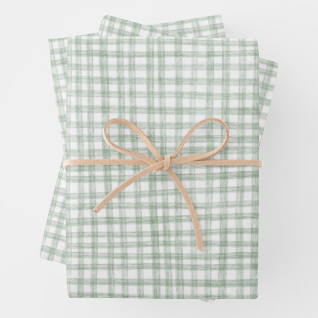 Hoja De Papel De Regalo Gingham Dibujado a Mano Moderno Bonito Verde Blanc (In situ)
