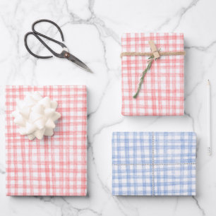 Hoja De Papel De Regalo Gingham Dibujado a Mano Moderno Lindo Azul Rojo Pí