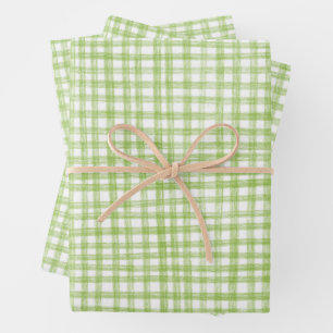 Hoja De Papel De Regalo Gingham Dibujado a Mano Moderno Lindo Verde Blanco