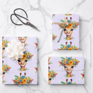 Hoja De Papel De Regalo Girafa cutánea con corona floral