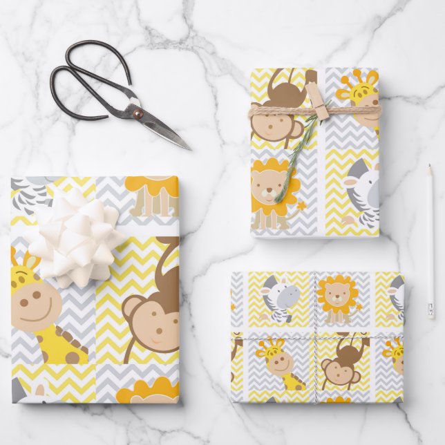 Hoja De Papel De Regalo Girafa de animales bebés, mono, león, tema de cebr (Anverso)