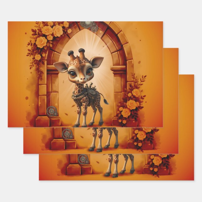 Hoja De Papel De Regalo Girafa de bebé en steampunk-personalizado (Set)