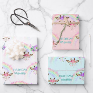 Hoja De Papel De Regalo Giraffe arcoiris enfrenta cumpleaños