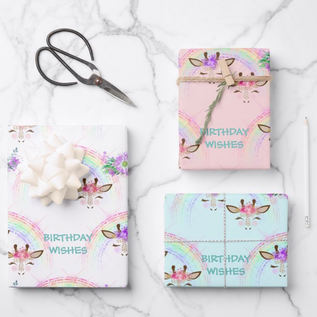 Hoja De Papel De Regalo Giraffe arcoiris enfrenta cumpleaños (Anverso)