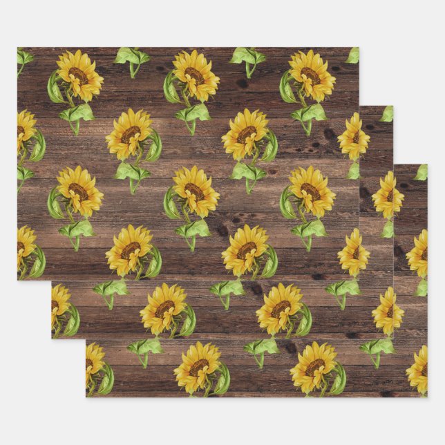 Hoja De Papel De Regalo Girasol ruso en la madera (Set)