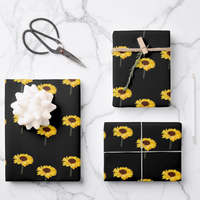 Hoja De Papel De Regalo girasoles amarillos en negro (Anverso)