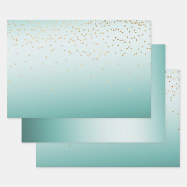 Hoja De Papel De Regalo Girly Glam Gold Mini Confetti Mint Ombre (Set)