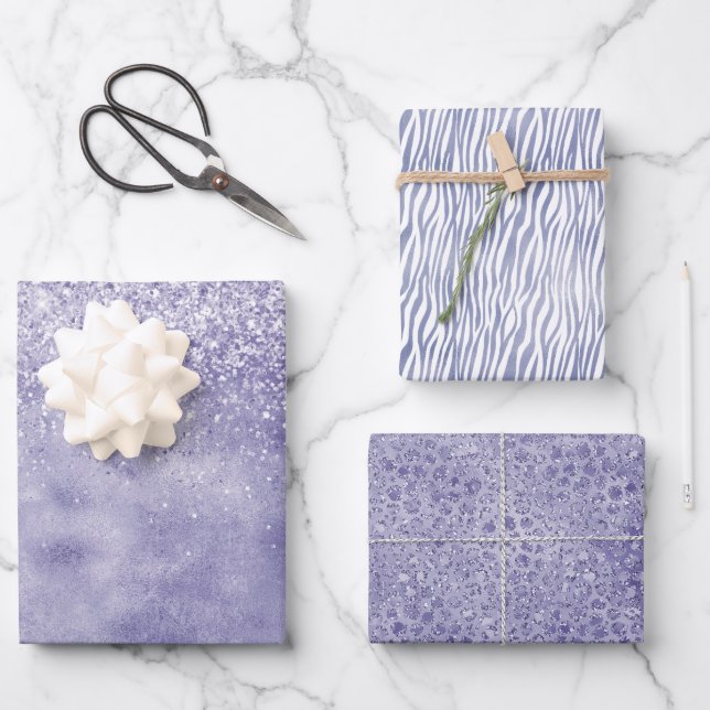 Hoja De Papel De Regalo Girly Glam Lilac Purple Animal Print Purpurina (Anverso)