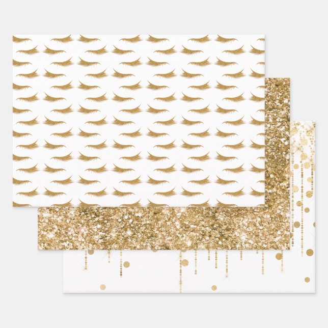 Hoja De Papel De Regalo Girly Gold Glam Purpurina Eyelashes (Set)