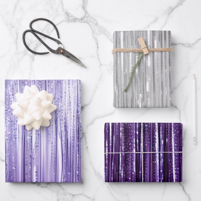 Hoja De Papel De Regalo Girly Lavender Purple Silver Glam Tinsel Stripes (Anverso)