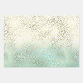 Hoja De Papel De Regalo Girly Mint Watercolor Ombre Leopardo de oro Imprim
