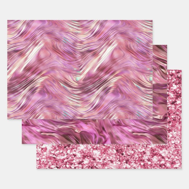 Hoja De Papel De Regalo Girly Pink Pearl Rosa Gold Glam (Set)