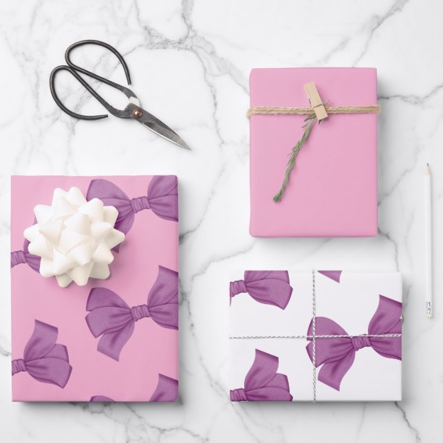 Hoja De Papel De Regalo Girly Pink Purple Bow Cumpleaños (Anverso)