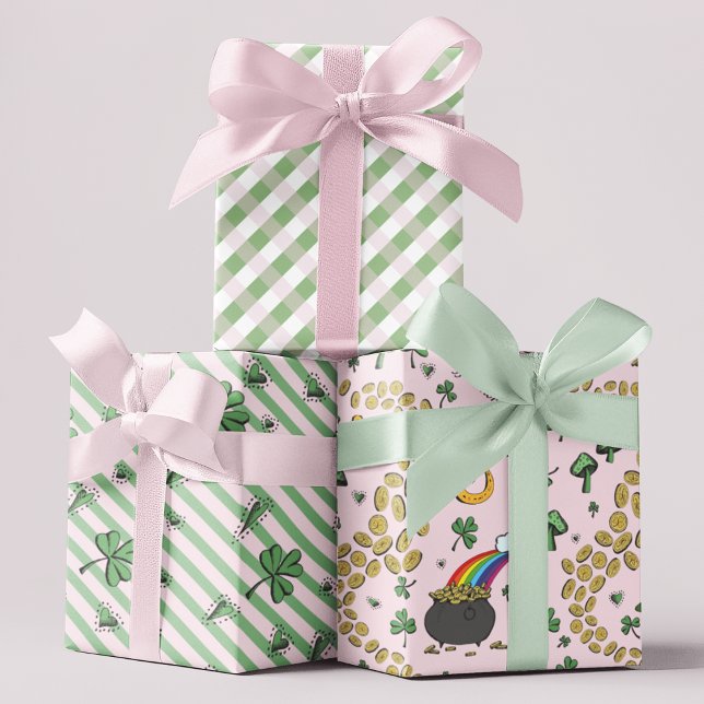 Hoja De Papel De Regalo Girly Pink St Patricks Day (Cute & Girly St. Patrick's Day Hand-Drawn Gift Wrap Sheets for Baby Girl Shower, New Baby, Birthday)