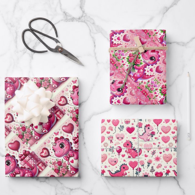 Hoja De Papel De Regalo Girly Pop Dinosaur El día de San Valentín (Anverso)