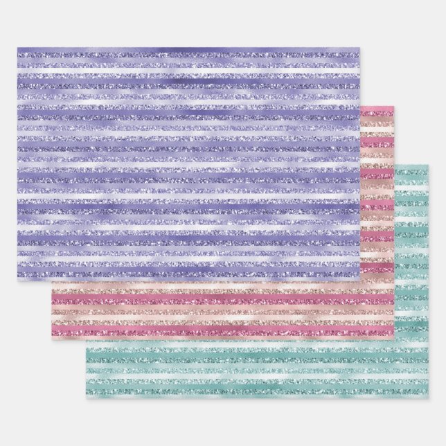 Hoja De Papel De Regalo Girly Purple Purpurina Glam Stripes (Set)