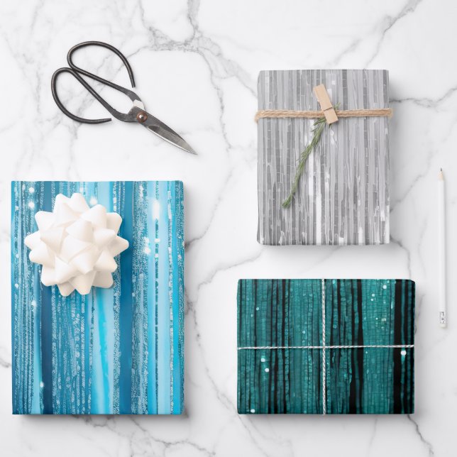 Hoja De Papel De Regalo Glam Aqua Sparkle Stripes (Anverso)
