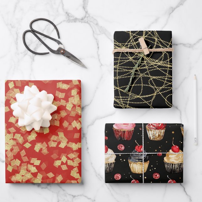 Hoja De Papel De Regalo Glam Black Red Gold Birday (Anverso)