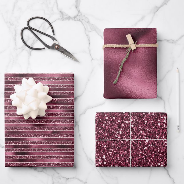 Hoja De Papel De Regalo Glam Burgundy Red Rose Rubor Purpurinas Stripes (Anverso)