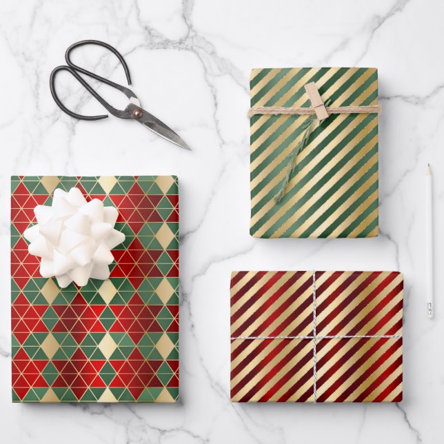 Hoja De Papel De Regalo Glam Christmas Red Green Gold Geometric Stripes (Anverso)