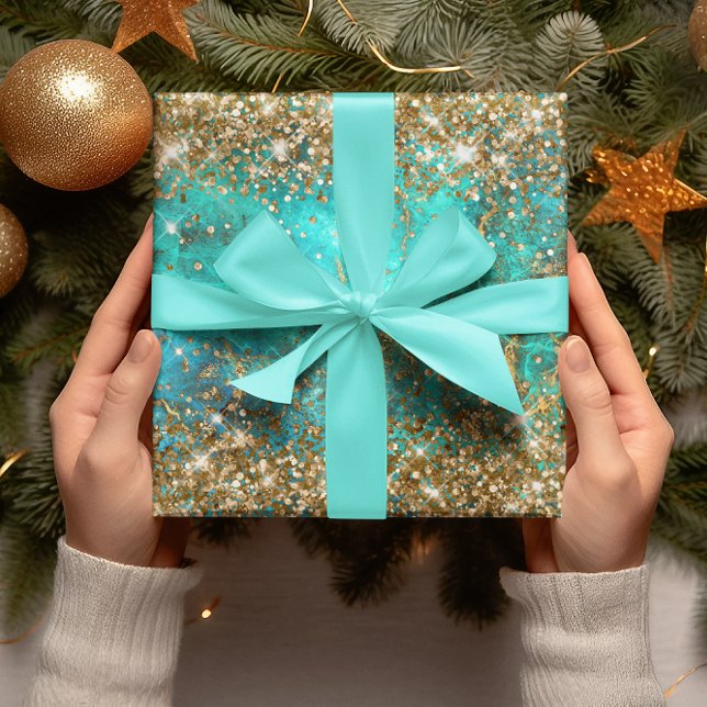 Hoja De Papel De Regalo Glam de Fuego de Gemstone azul turquesa Purpurina  (Gold Glitter Blue Turquoise Gemstone Fire Glam Wrapping Paper Sheets)