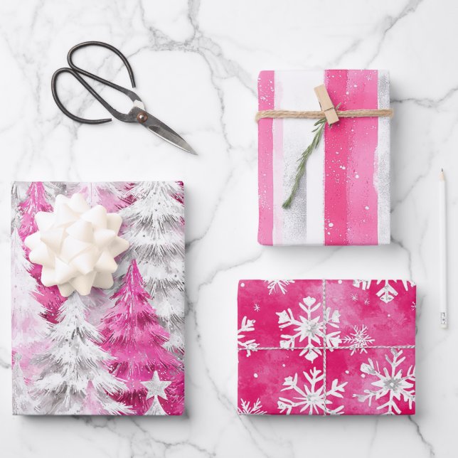 Hoja De Papel De Regalo Glam de plata rosada Girly Estribos de árboles de  (Anverso)