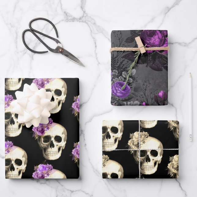 Hoja De Papel De Regalo Glam Floral Skull gótico (Anverso)