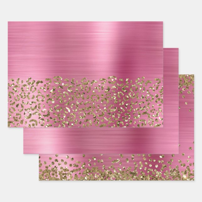 Hoja De Papel De Regalo Glam Girly Pink Gold Leopard (Set)