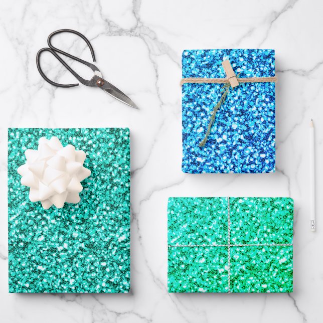 Hoja De Papel De Regalo Glam Green Verde azulado Blue Purpurina Sparkle (Anverso)