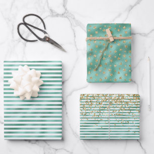 Hoja De Papel De Regalo Glam Green White Stripes Gold Purpurina