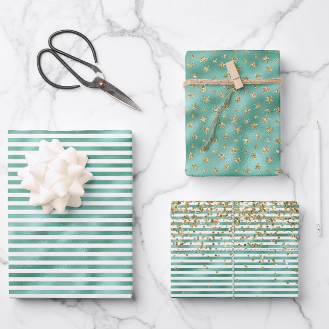 Hoja De Papel De Regalo Glam Green White Stripes Gold Purpurina (Anverso)