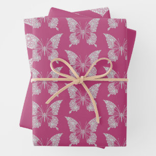 Hoja De Papel De Regalo Glam Pink Faux Diamonds Mariposa y Corazón