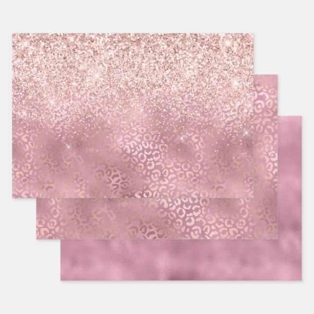 Hoja De Papel De Regalo Glam Pink Glitzy Purpurina Leopard Print (Set)