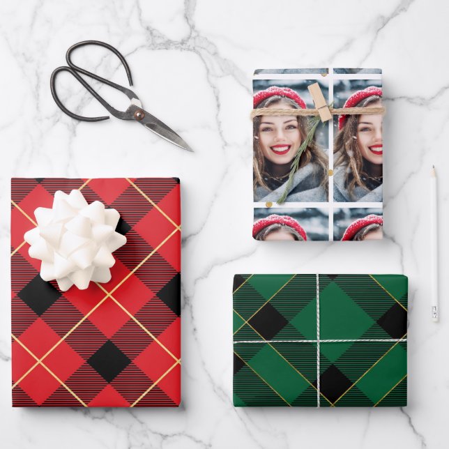 Hoja De Papel De Regalo Glam Plaid Navidades Holiday Photo (Anverso)