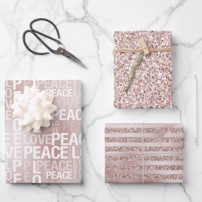 Hoja De Papel De Regalo Glam Rubor Pink Peace Love Purpurina (Anverso)