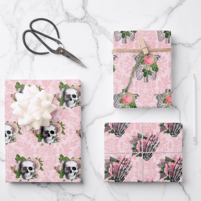 Hoja De Papel De Regalo Glam Skeleton gótico rosa victoriano y Damask (Anverso)