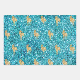 Hoja De Papel De Regalo Glam Unicorn Purpurina rosa dorado Aqua  