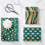 Hoja De Papel De Regalo Glam verde azulado y oro<br><div class="desc">Relieve metalizado falso y papel purpurina verde azulado y dorado de envoltura de damasco antiguo.</div>