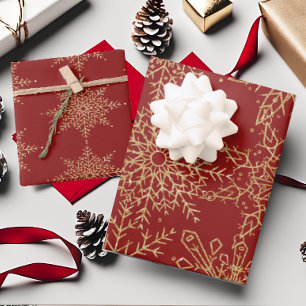 Hoja De Papel De Regalo Glamorosos Patrones de copos de nieve de oro rojo