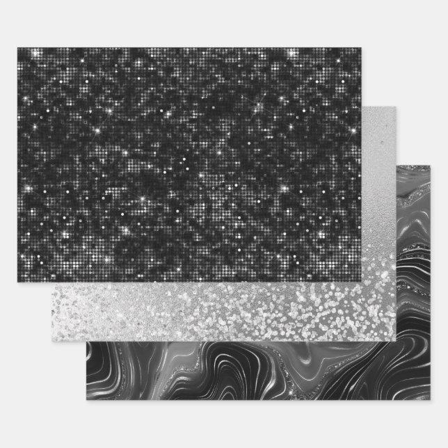 Hoja De Papel De Regalo Glamorous Black & Silver Sparkling Patterns (Set)
