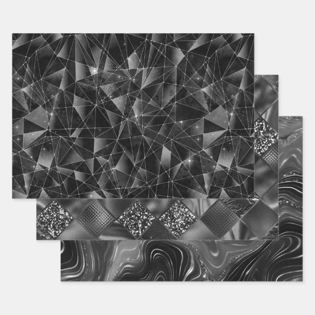 Hoja De Papel De Regalo Glamorous Black & Silver Sparkling Patterns (Set)