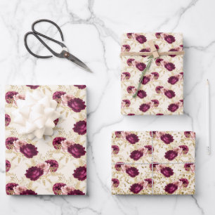 Hoja De Papel De Regalo Glitz de oro con flores de borgoña rosa crema