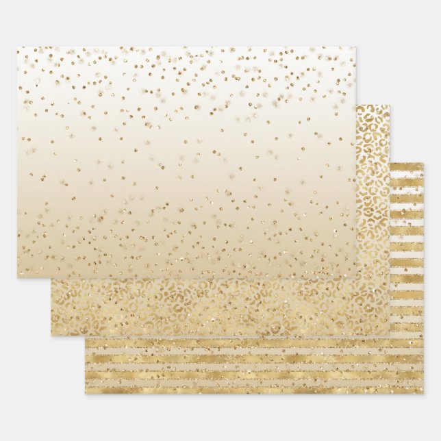 Hoja De Papel De Regalo Glitz Sparkle Stripes Leopardo de oro blanco (Set)