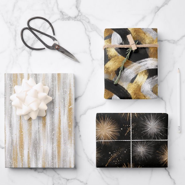 Hoja De Papel De Regalo Glitzy Glam Gold Black Silver Christmas   (Anverso)