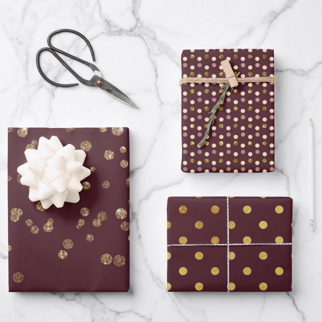 Hoja De Papel De Regalo Glitzy Gold Glam Burgundy Dots (Anverso)