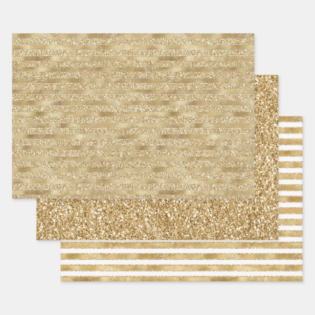 Hoja De Papel De Regalo Glitzy Gold Glam Purpurinas Stripes (Set)