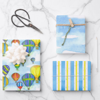 Hoja De Papel De Regalo Globos aerostáticos Cielo nublado Franja azul Amar