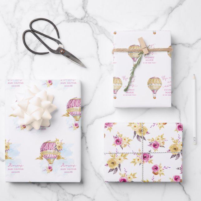 Hoja De Papel De Regalo Globos de aire caliente de oro rosado personalizad (Anverso)